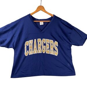 Chicka-d Chargers Jersey Top Womens Small Navy Blue Cropped Mesh V-Neck